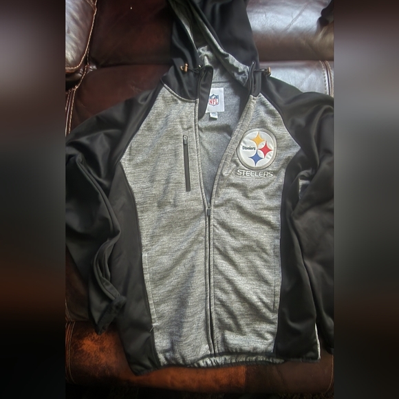 NFL Steelers Black and Gray Hooded Varsity Jacket - Picture 1 of 5